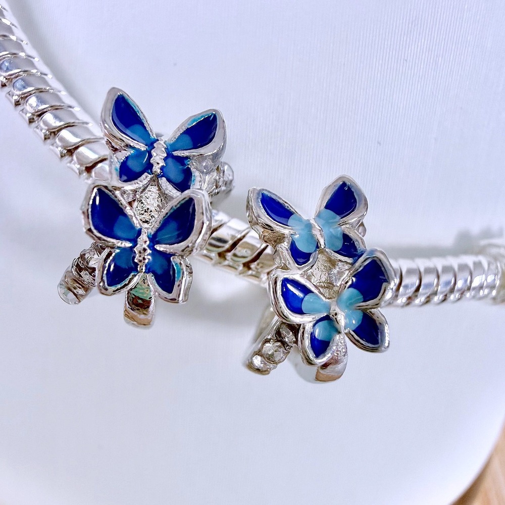 2 PC Silver Blue Butterfly Enamel Snake Chain Bead‎ Bracelet Charm